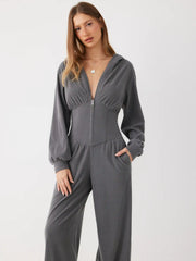 Jersey Hooded Cinched Waist Zipper Jumpsuit