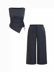 Boat Neck Striped Wrap Knotted Top & Mid Rise Wide Leg Trousers Set Curve & Plus