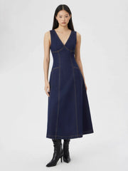 Stretch Denim V-Neck Flared Maxi Dress