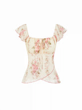 Chiffon Floral Square Neck Twist Knotted Ruffle Sleeve Crop Top