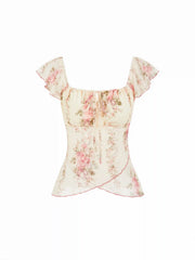 Chiffon Floral Square Neck Twist Knotted Ruffle Sleeve Crop Top