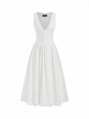 Cotton-blend Sculptural V-neck Broderie Anglaise Floral Lace Trim Button Midi Dress