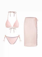 Halter Neckline Triangle Bikini 3-pieces Set With Sheer Sarong