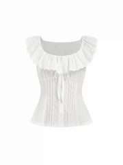 Cotton-blend Square Neck See-Through Broderie Anglaise Button Blouse