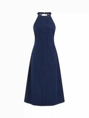 Stretch Washed Denim Halter Neck A-line Maxi Dress