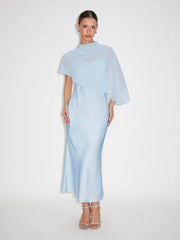 Satin High Neck Cape Sleeve Maxi Dress