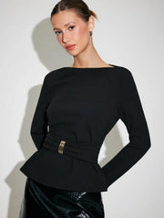 Boat Neck Metal Detail Ruched Top
