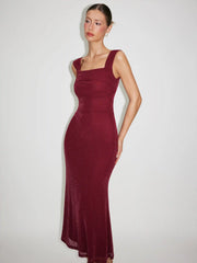 Square Neck Ruched Shimmer Mermaid Maxi Dress