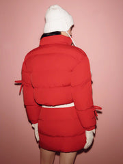 Funnel Neck Bowknot Drawstring Zip Through Puffer