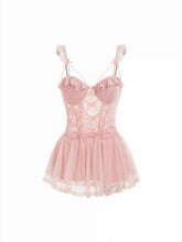 Sweetheart Floral Lace Bowknot Lace Up Lingerie With Thong Set