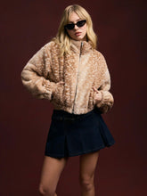 Faux Fur Deer Print High Neck Zip Through Jacket