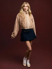 Faux Fur Deer Print High Neck Zip Through Jacket