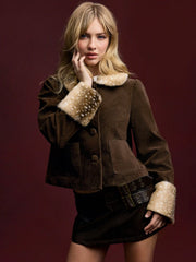 Suede Peter Pan Collar Jacket With Detachable Deer Faux Fur Collar And Cuffs