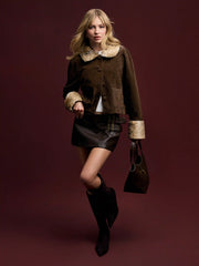 Suede Peter Pan Collar Jacket With Detachable Deer Faux Fur Collar And Cuffs