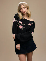 Knit Asymmetrical Neck Lantern Sleeve Floral Top