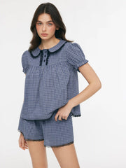 Cotton-blend Gingham Peter Pan Collar Oversized Top & Mid Rise Lace Trim Straight Leg Shorts Set