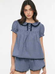 Cotton-blend Gingham Peter Pan Collar Oversized Top & Mid Rise Lace Trim Straight Leg Shorts Set
