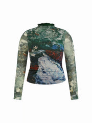 Mesh Oil Painting High Neck Lettuce Trim Bodysuit Curve & Plus