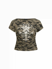 Cotton-blend Boat Neck Camo Star Ruched Crop Tee Curve & Plus