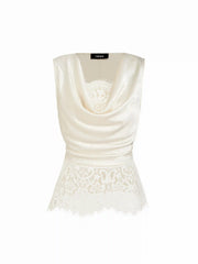 Satin Cowl Neck Lace Panel Top & Mid Rise Flared Maxi Skirt Set