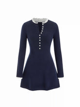 Knit Round Neck Lace Trim Button Front A-line Mini Dress