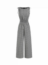Cotton Gingham Boat Neck Drawstring Wide Leg Jumpsuit