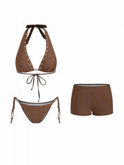 Halter Neckline Rivet Knotted 3 Piece Bikini Set With Shorts