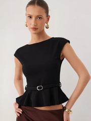 Boat Neck Belted Ruffle Hem Metal Detail Peplum Top