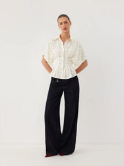 Chiffon Polka Dot Ruched Cinched Waist Batwing Sleeve Blouse