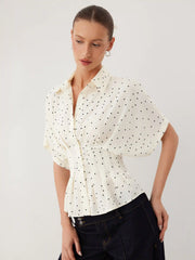 Chiffon Polka Dot Ruched Cinched Waist Batwing Sleeve Blouse