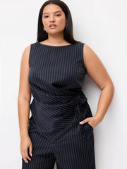 Boat Neck Striped Wrap Knotted Top & Mid Rise Wide Leg Trousers Set Curve & Plus