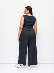Boat Neck Striped Wrap Knotted Top & Mid Rise Wide Leg Trousers Set Curve & Plus