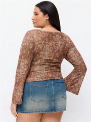 Mesh Paisley V-Neck Twist Knot Bell Sleeve Top Curve & Plus