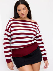 Knit Asymmetrical Neck Striped Sweater Curve & Plus