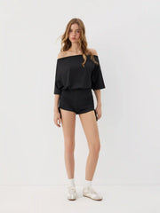Off-Shoulder Drawstring Ruched Romper
