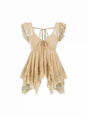 Lace Sweetheart Ruffle Hem Knotted Short Sleeve Top