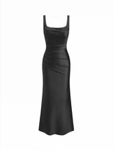 Satin Sculptural Square Neck Ruched Mermaid Maxi Dress