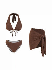 3 Piece Halter Neckline Lace Triangle Bikini Top & Cheeky Bottom With Sarong Bikini Set