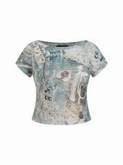 Boat Neck Lace Graphic Short Sleeve Cropped Top Curve & Plus