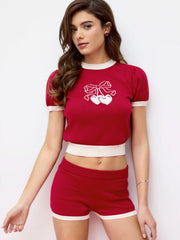 Knit Heart Cherry Graphic Contrasting Binding Puff Sleeve Top & Shorts Set