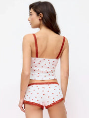 Heart Graphic V-Neck Cami Top & Mid Rise Lace Trim Shorts Loungewear Set