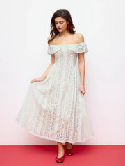 Lace Sculptural Off-Shoulder Knotted Flared Maxi Dress