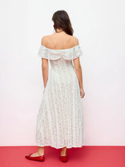 Lace Sculptural Off-Shoulder Knotted Flared Maxi Dress