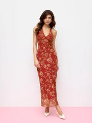 Chiffon Sweetheart Floral Backless Tie Back Mermaid Maxi Dress