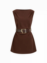 Boat Neck Ruched Belted A-line Mini Dress