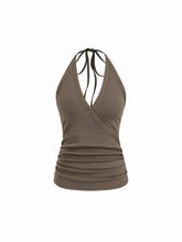 Cotton-blend Ruched V-Neck Rivet Halter Top