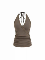 Cotton-blend Ruched V-Neck Rivet Halter Top