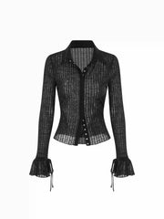 Textured Collar Long Sleeve Ruffle Cuff Top