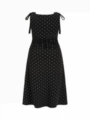 Cotton-blend Polka Dot Boat Neck Bowknot Ruched Midi Dress Curve & Plus
