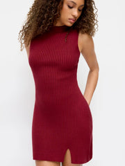 Knit Round Neckline Solid Split Mini Dress